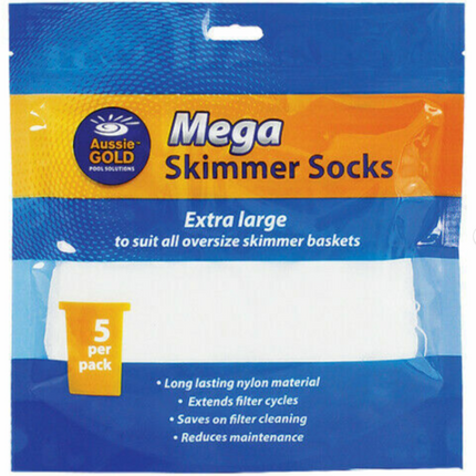 Aussie Gold Mega Skimmer Socks 5-pack for swimming pools, trapping leaves, debris, and dirt to keep skimmers clean.