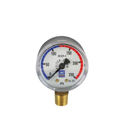 Aussie Gold Lower Mount Stainless Steel Pressure Gauge for swimming pool filters, durable and accurate water pressure monitoring.