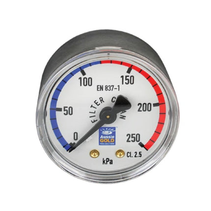 Aussie Gold Lower Mount Stainless Steel Pressure Gauge for swimming pool filters, durable and accurate water pressure monitoring.