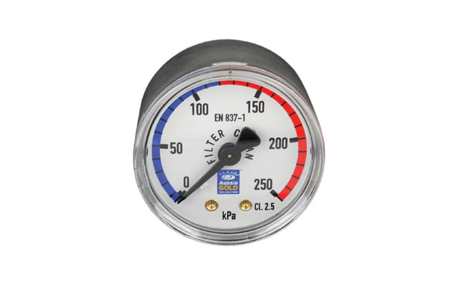 Aussie Gold Lower Mount Stainless Steel Pressure Gauge for swimming pool filters, durable and accurate water pressure monitoring.