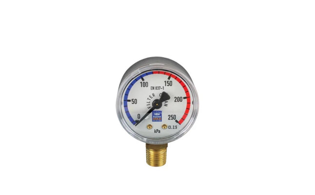Aussie Gold Lower Mount Stainless Steel Pressure Gauge for swimming pool filters, durable and accurate water pressure monitoring.