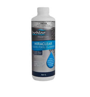 Lo-Chlor MiraClear Liquid Clarifier 1L bottle for swimming pools, helping to clear cloudy water and improve water clarity.
